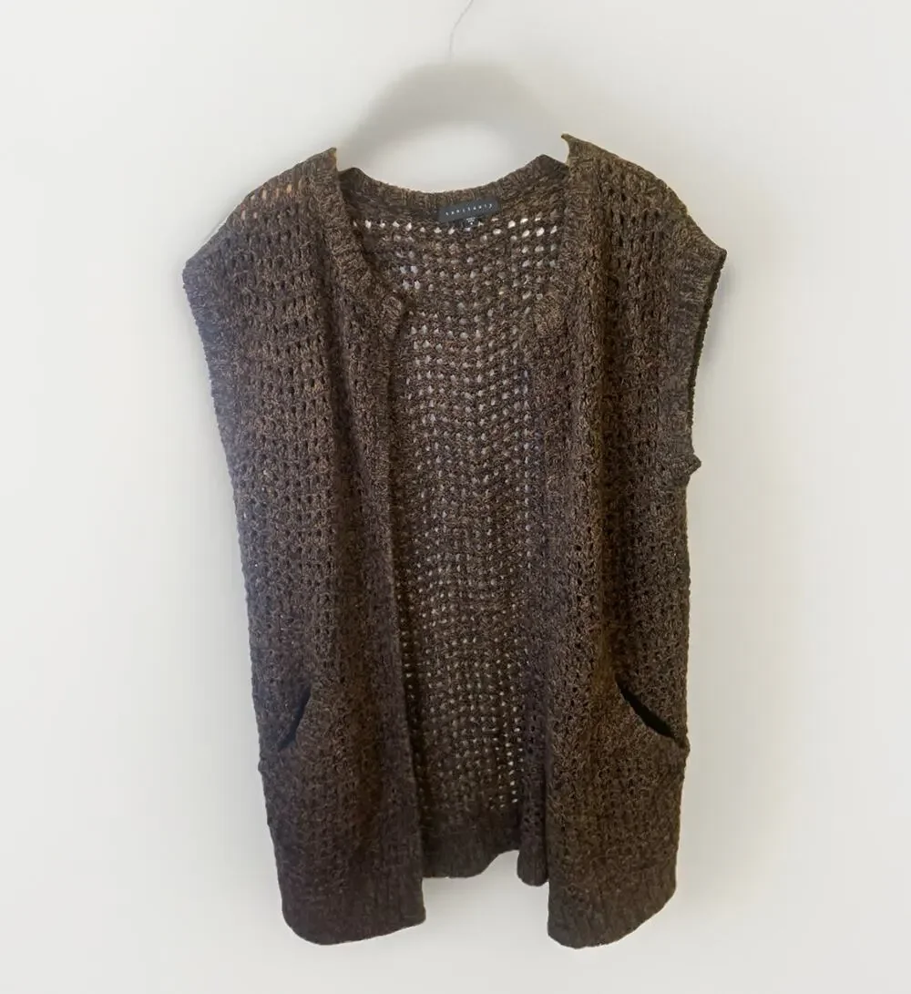 Sanctuary Crochet Brown Open Front Cardigan Long Boho Sleeveless Small